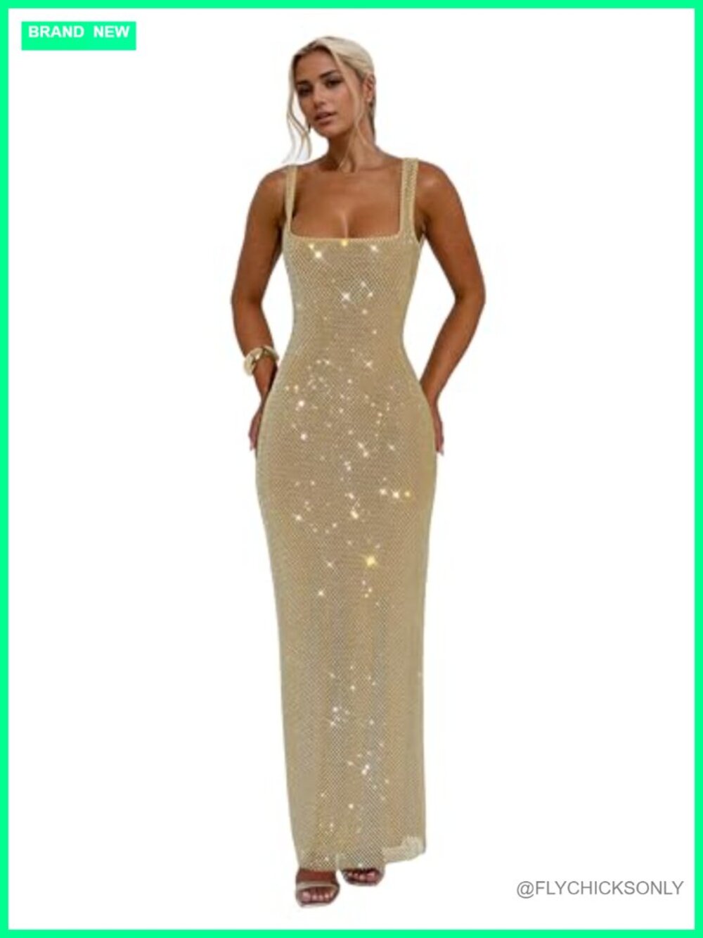Glitter Mesh Bodycon Maxi Dress Sleeveless Open Back Formal Evening Party